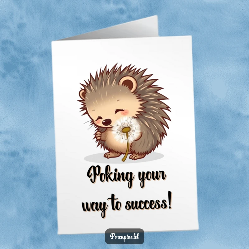 Funny Free Printable Congrats Card: Porcupine playfully bats at a floating dandelion puff, symbolizing gentle success.