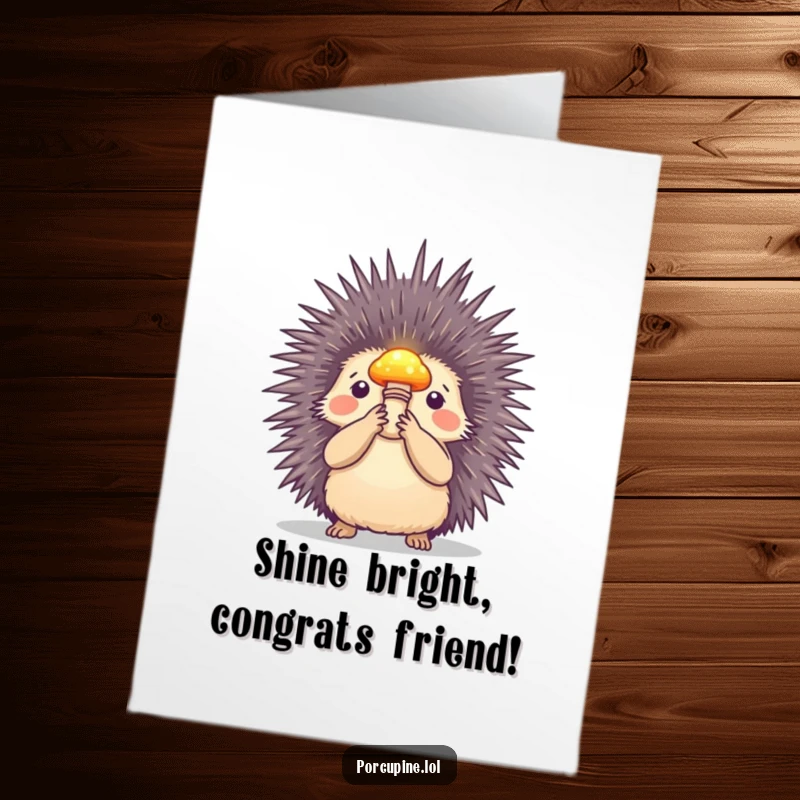 Funny Free Printable Congratulations Card with a porcupine holding a small, luminescent mushroom high.