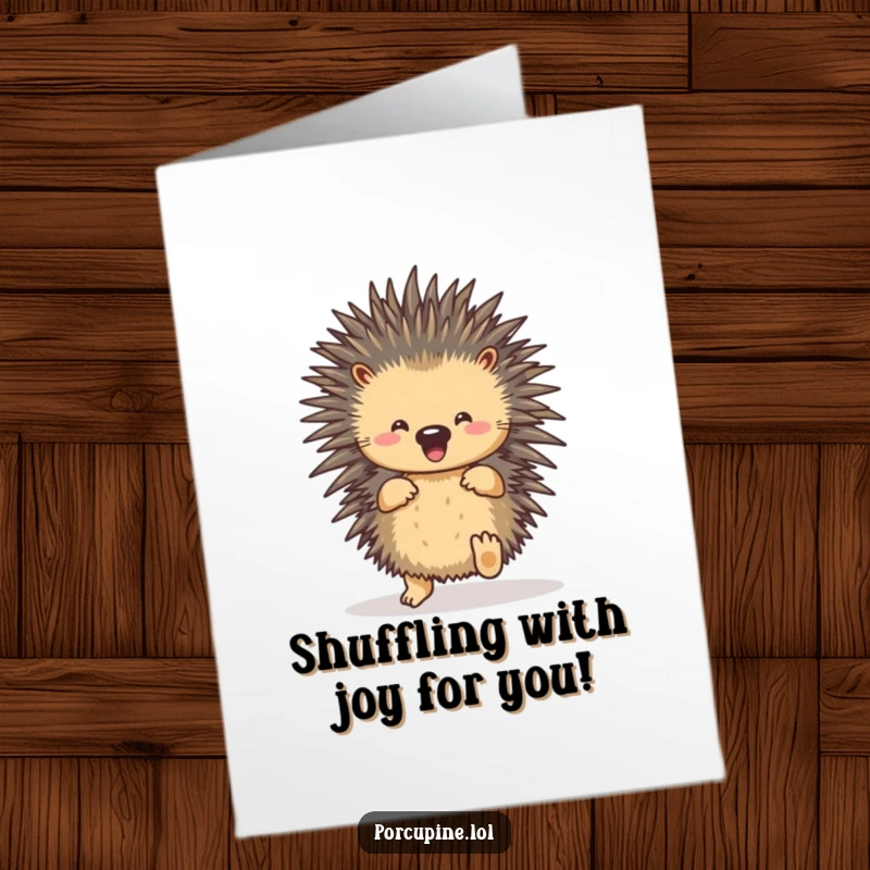 Funny free printable congratulations card featuring a porcupine doing a happy little dance, celebrating success with pure joy.