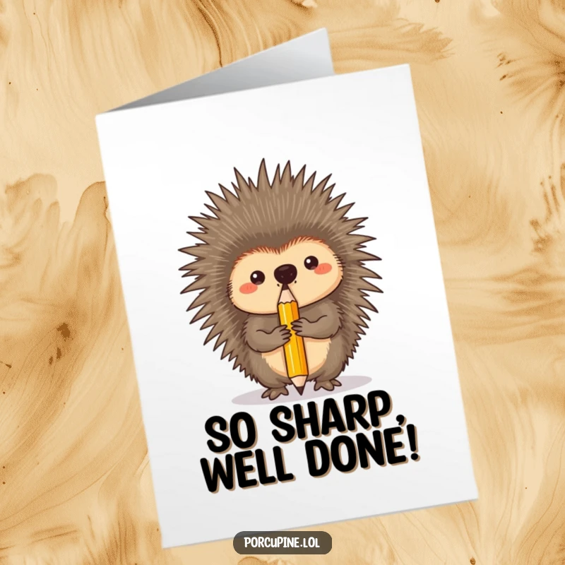 Funny free printable congratulations card: A porcupine concentrates hard while balancing a pencil on its nose, signifying a job well done.