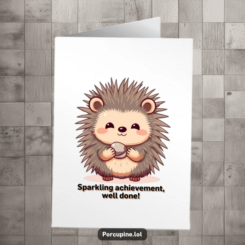 Funny free printable congratulations card showing a shy porcupine presenting a small, sparkling pebble with a gentle smile.