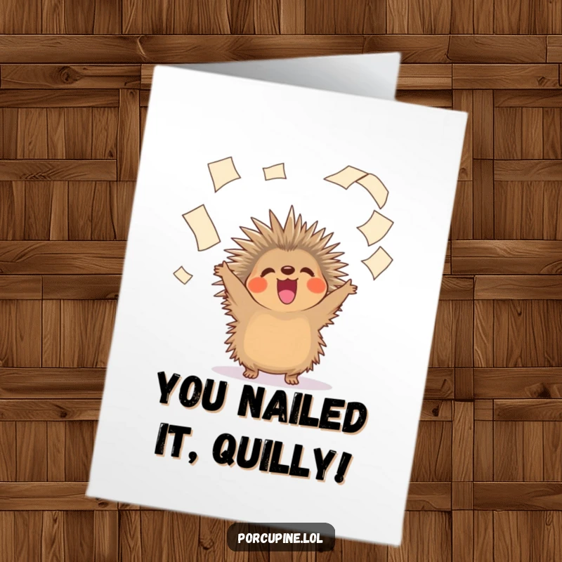 Funny Free Printable Congratulations Card: Excited porcupine throwing papers everywhere in a joyous, celebratory mess.