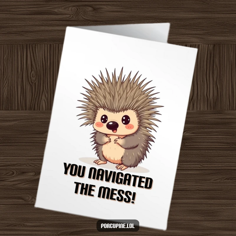 Funny Free Printable Congratulations Card: A surprised porcupine finds itself comically tangled in its own quills, a relatable, funny moment.