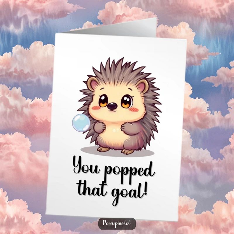 Funny Free Printable Congratulations Card: A porcupine with big, amazed eyes gazes at a delicate, shimmering bubble, celebrating their big win.