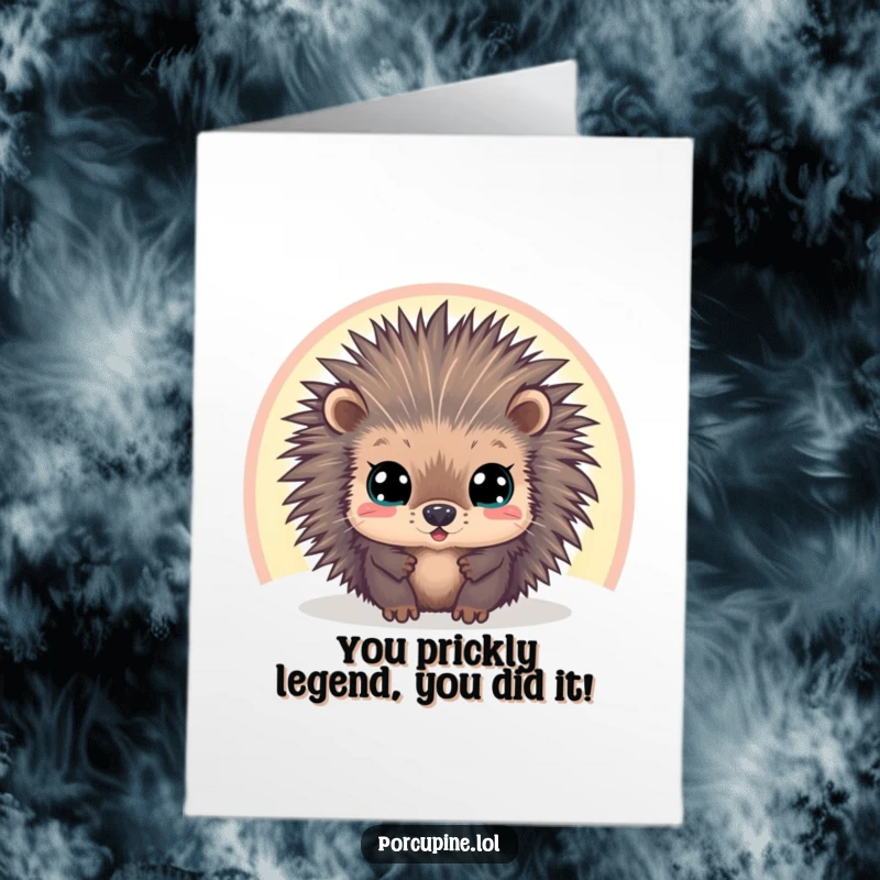 Funny Free Printable Congrats Card: A porcupine with surprised eyes peeks through a rainbow, celebrating success.