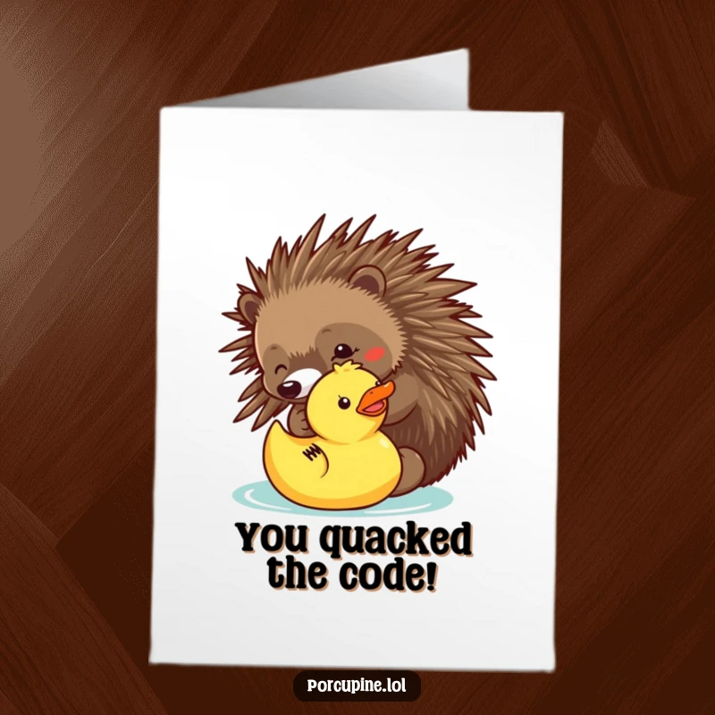 Funny Free Printable Congratulations Card: A porcupine gently pokes a rubber ducky, symbolizing a playful and unexpected partnership.
