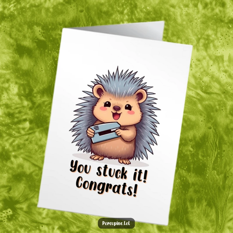 Funny free printable congratulations card: A porcupine beams with pride, triumphantly holding a tiny stapler, signifying a successful task completion.