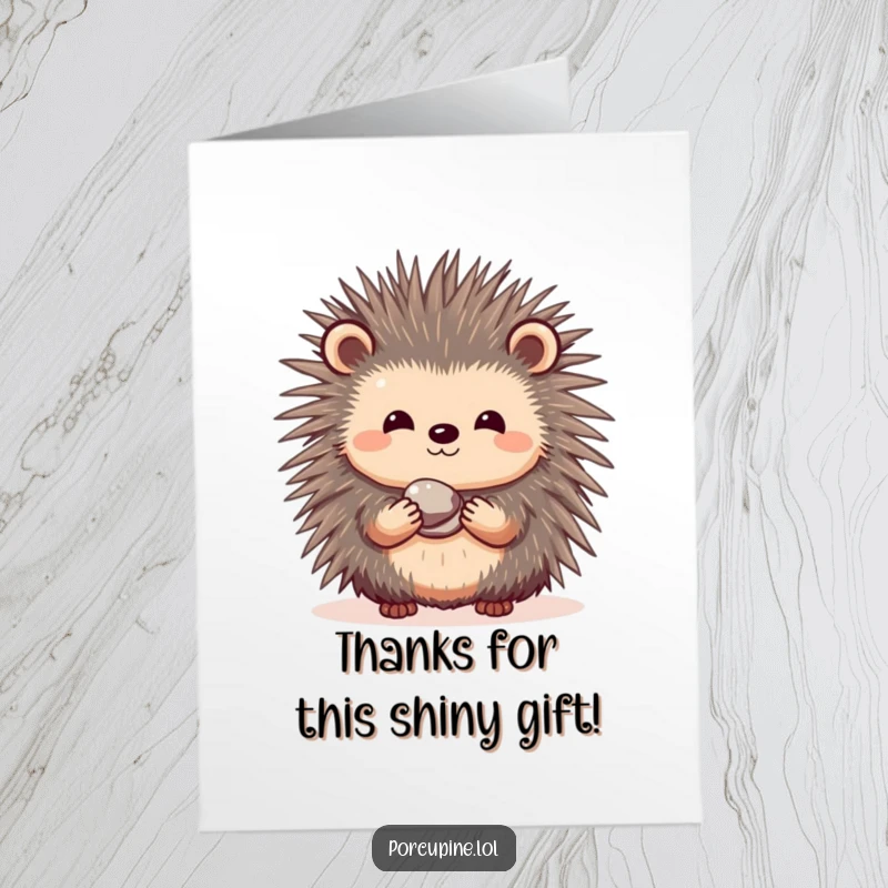 Funny free printable thank you card of a shy porcupine offering a shiny pebble, its smile heartwarming.