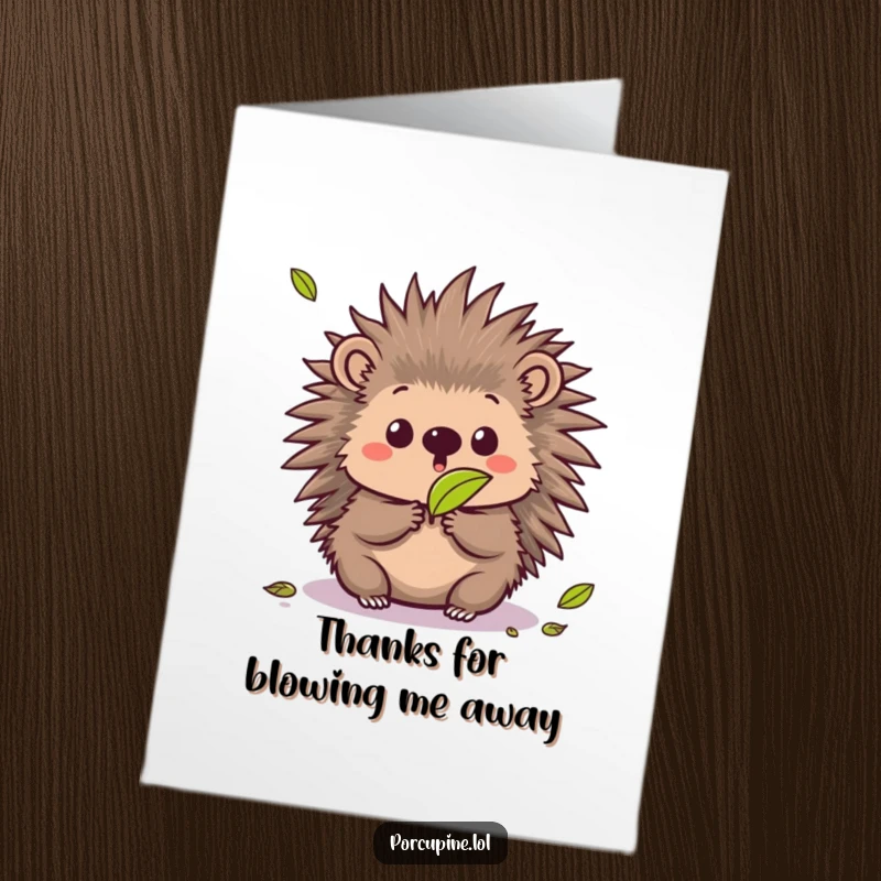 Funny Free Printable Thank You Card: A kawaii porcupine with a comically surprised expression as a leaf falls, expressing thanks with charm.