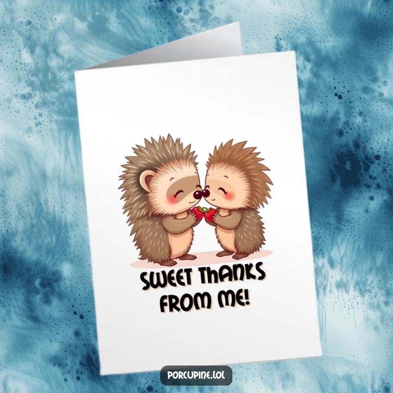 Funny free printable thank you card depicting two porcupines kindly sharing a tiny berry, representing thoughtful generosity.
