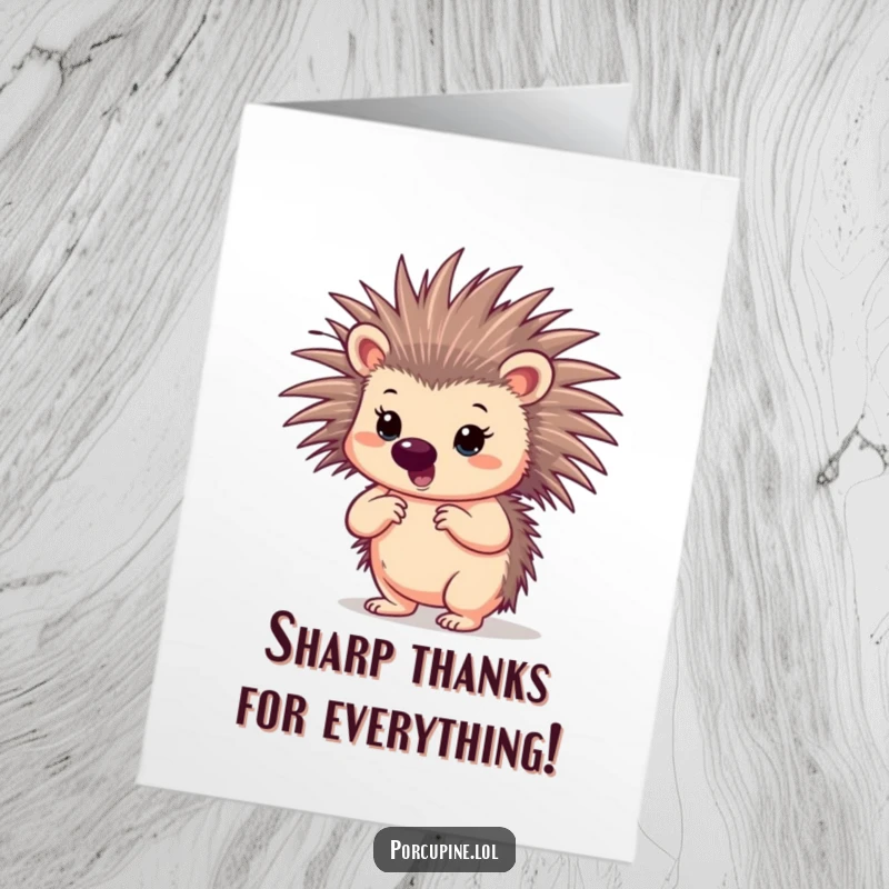 Funny free printable thank you card featuring a porcupine exuding confidence with slightly spread quills, ready to thank you.