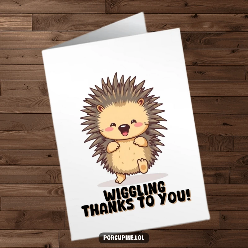 Funny free printable thank you card showing a porcupine happily shuffling its feet, conveying heartfelt thanks with a quirky dance.