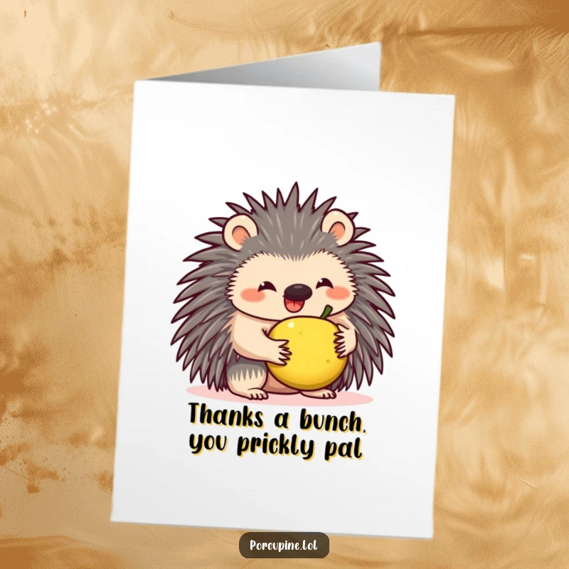 Funny Free Printable Thank You Card: A porcupine with a wide grin amusingly balances a small fruit, showing off its unique talent.