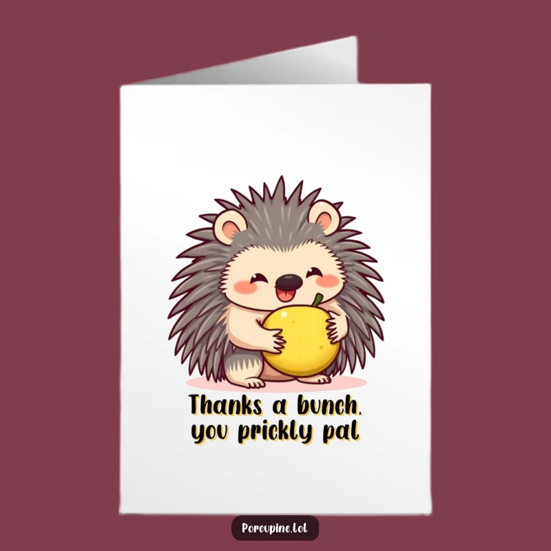 Free Printable Thank You Card: Amused Porcupine Balancing Fruit - Downloadable Gift!