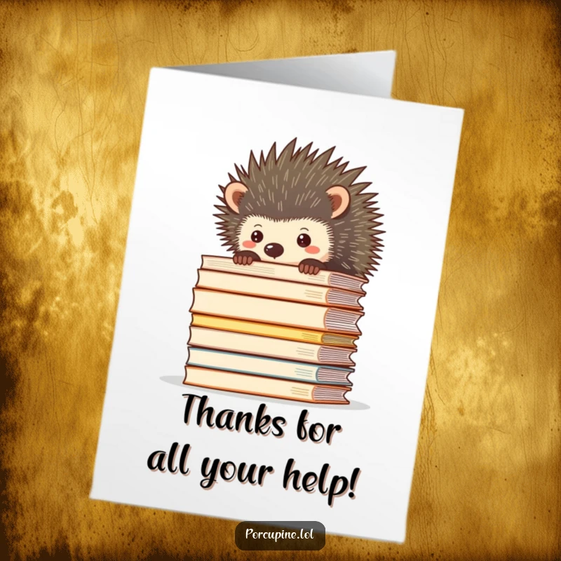 Funny Free Printable Thank You Card: A porcupine peeking out from behind a huge stack of files, expressing thanks for help.
