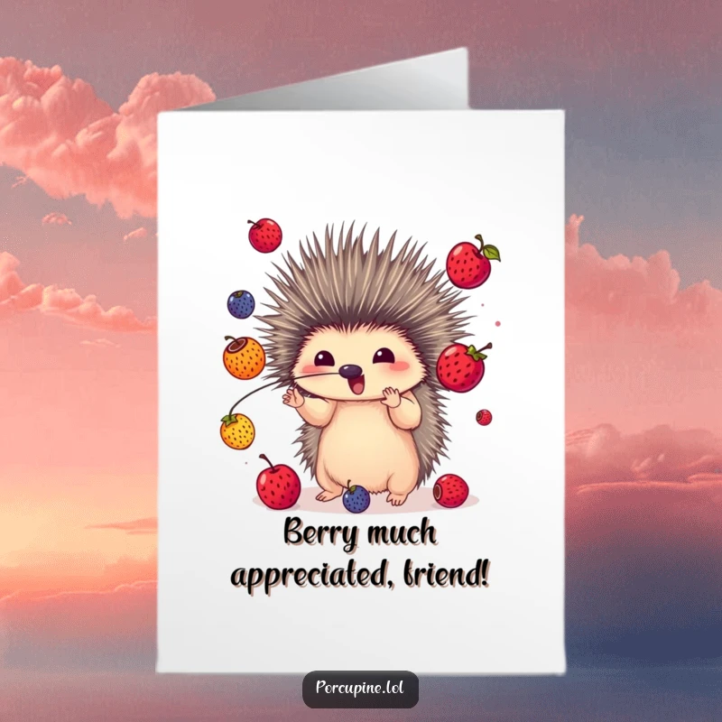 Funny Free Printable Thank You Card depicting a porcupine juggling a pile of colorful berries with its quills.