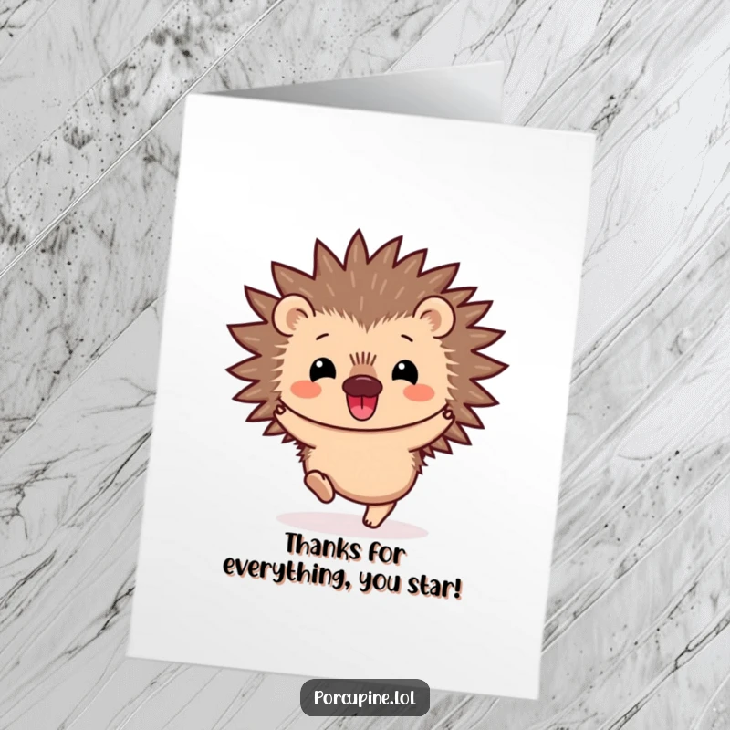 Funny Free Printable Thank You Card: A kawaii porcupine joyfully hopping, conveying immense gratitude with a silly grin.