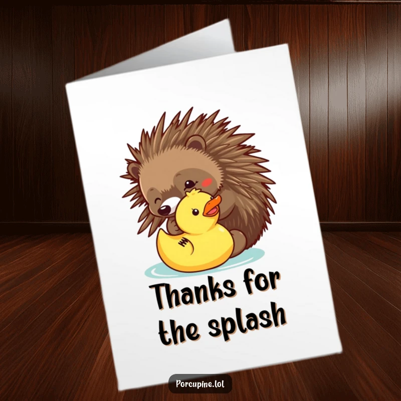 Funny Free Printable Thank You Card: A porcupine playfully pokes a rubber ducky, a delightful and unexpected symbol of thanks.