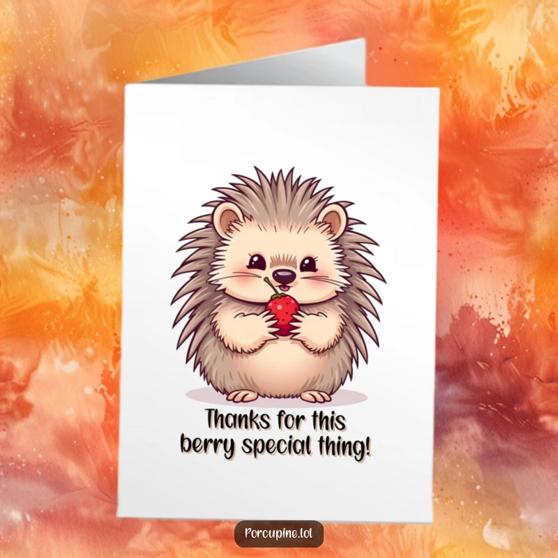Funny Free Printable Thank You Card: A porcupine holds out a single, juicy berry in its paws, a cute and heartfelt thank you.