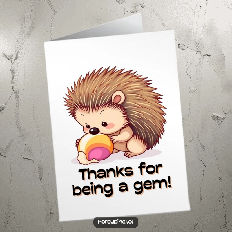 Funny Free Printable Thank You Card: A porcupine curiously inspects a colorful seashell, with a look of fascination.