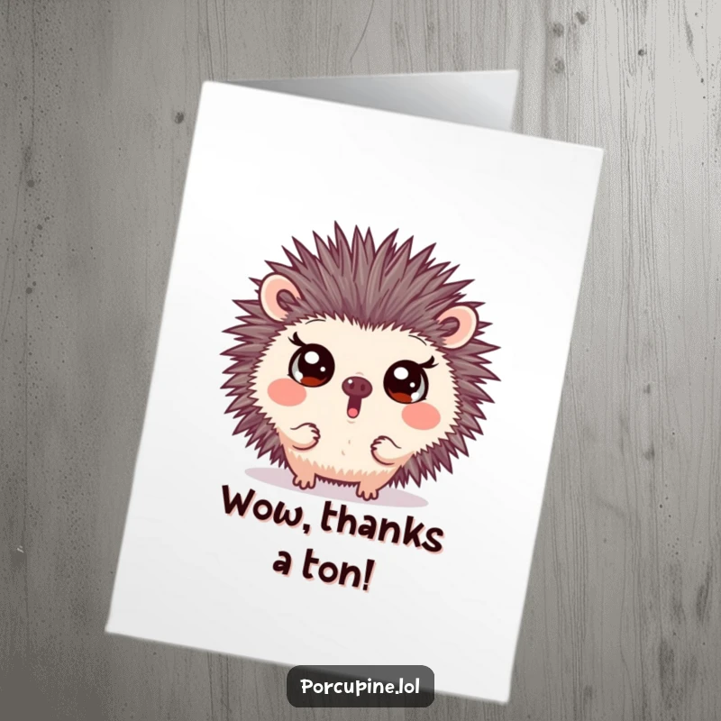 Funny Free Printable Thank You Card: Porcupine with wide, surprised eyes, showing comical gratitude.