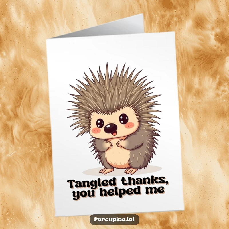 Funny Free Printable Thank You Card: A porcupine with wide, surprised eyes is comically entangled in its own quills, a relatable mishap.