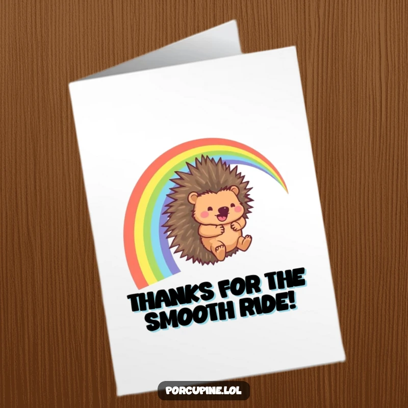 Funny free printable thank you card: a porcupine slides down a rainbow with a happy whoosh, a colorful thank you.
