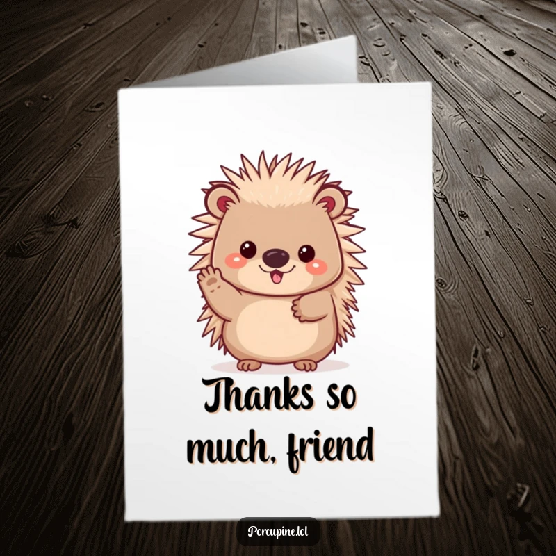 Funny Free Printable Thank You Card: A kawaii porcupine giving a cheerful wave, sending thanks with infectious friendliness.