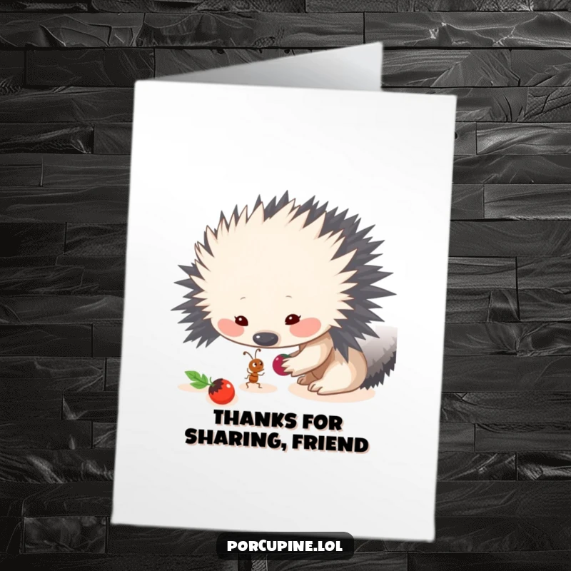 Funny free printable thank you card showing a porcupine generously offering a berry to a tiny ant, highlighting a moment of sharing.