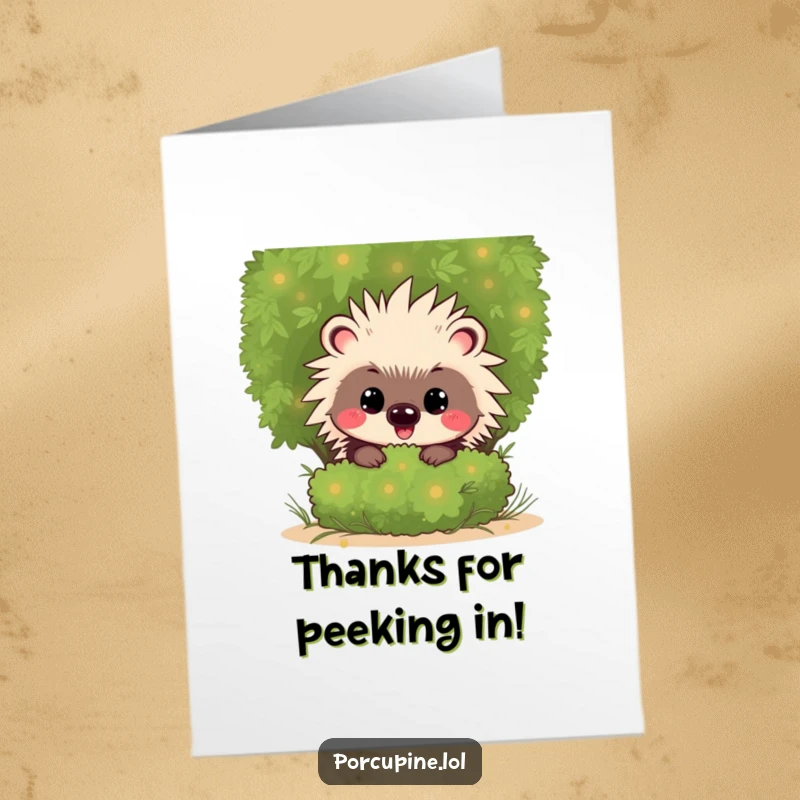 Funny Free Printable Thank You Card: A mischievous kawaii porcupine with a cheeky grin peeks out from behind a shrub, offering thanks with playful charm.