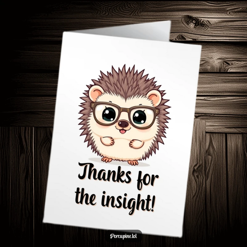 Funny Free Printable Thank You Card with a porcupine wearing big glasses, peering out curiously.