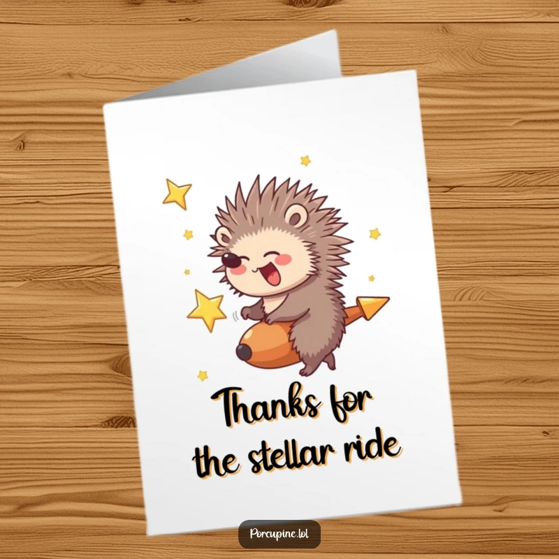 Fun Free Printable Thank You Card: A porcupine giggling while riding a shooting star, conveying thanks.