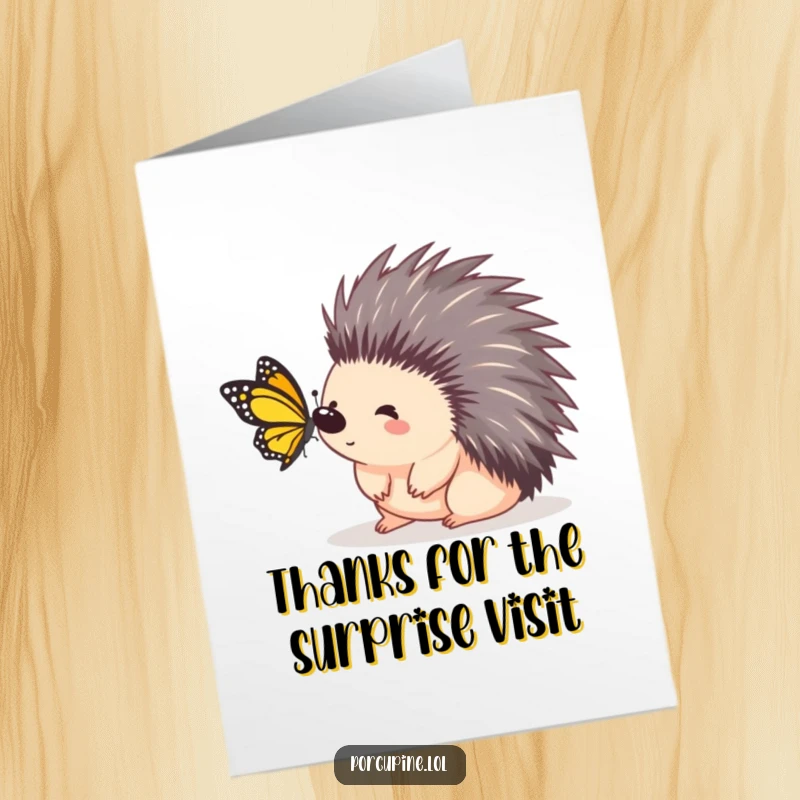 Funny Free Printable Thank You Card: A porcupine wide-eyed with surprise as a butterfly alights on its quills.