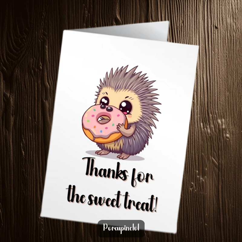 Funny Free Printable Thank You Card: A porcupine with large, expressive eyes holding a huge donut, conveying sweet thanks.