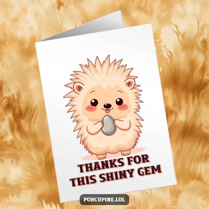 Funny Free Printable Thank You Card: A porcupine happily presents a single, shiny pebble, a small but meaningful token of thanks.