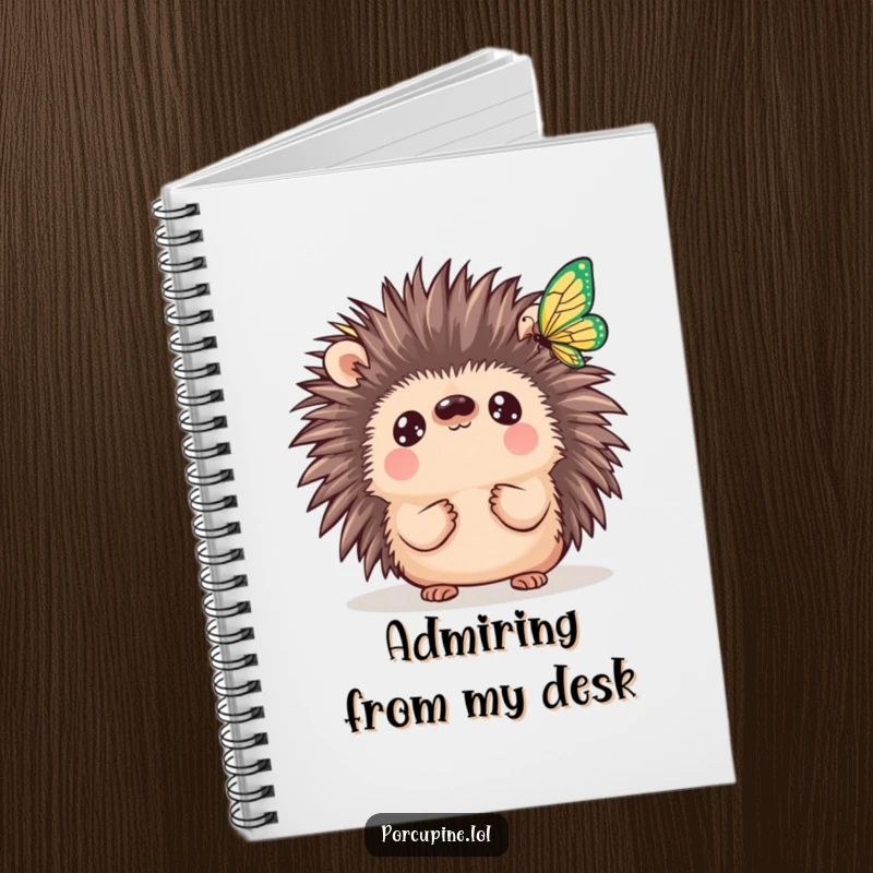 Funny Kawaii Porcupine Notebook: A wide-eyed porcupine is enchanted by a butterfly, perfect for journaling with a touch of prickly wonder.