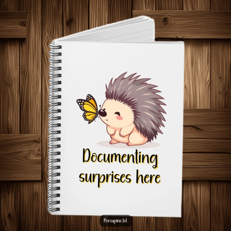 Funny porcupine notebook featuring a porcupine looking surprised by a butterfly, designed for capturing unexpected and humorous ideas.