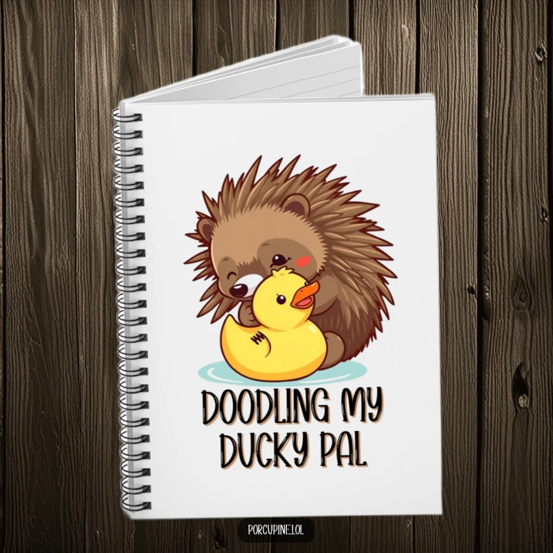 Funny notebook cover featuring a porcupine playfully poking a rubber ducky, perfect for capturing playful thoughts and ideas.