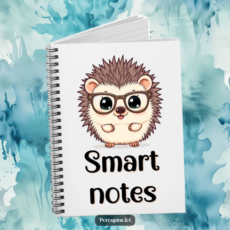 Funny notebook featuring a porcupine wearing oversized glasses and peering curiously, inspiring users to capture thoughts with intellect and humor.