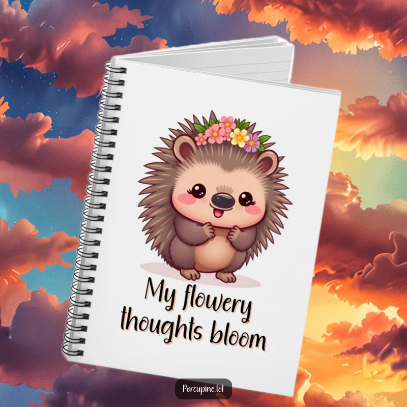 Funny Kawaii Porcupine Notebook: A pleased porcupine wearing a flower crown, ideal for note-taking with a touch of prickly elegance.