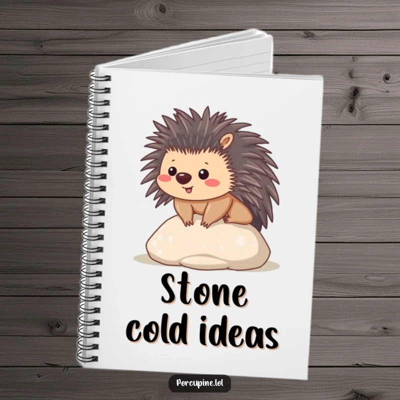 Funny notebook featuring a content kawaii porcupine sitting on a smooth stone, ideal for jotting down peaceful ideas.