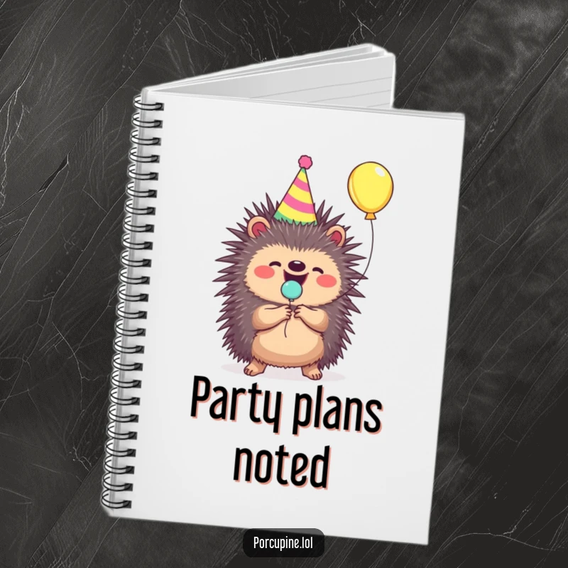 Funny porcupine notebook cover with a party hat, joyfully popping a balloon, ideal for planners.