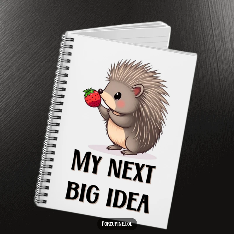Funny notebook with a porcupine balancing a berry on a quill tip, great for jotting down precise and funny notes.