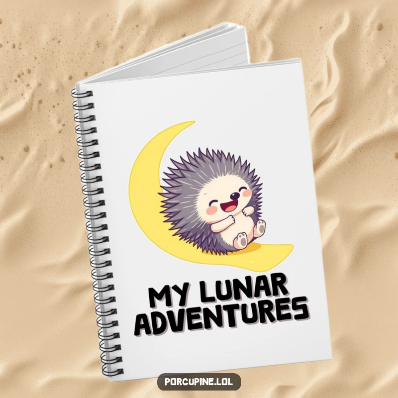 Funny notebook cover with a porcupine gleefully sliding down a glowing moonbeam, ideal for journaling and whimsical note-taking.