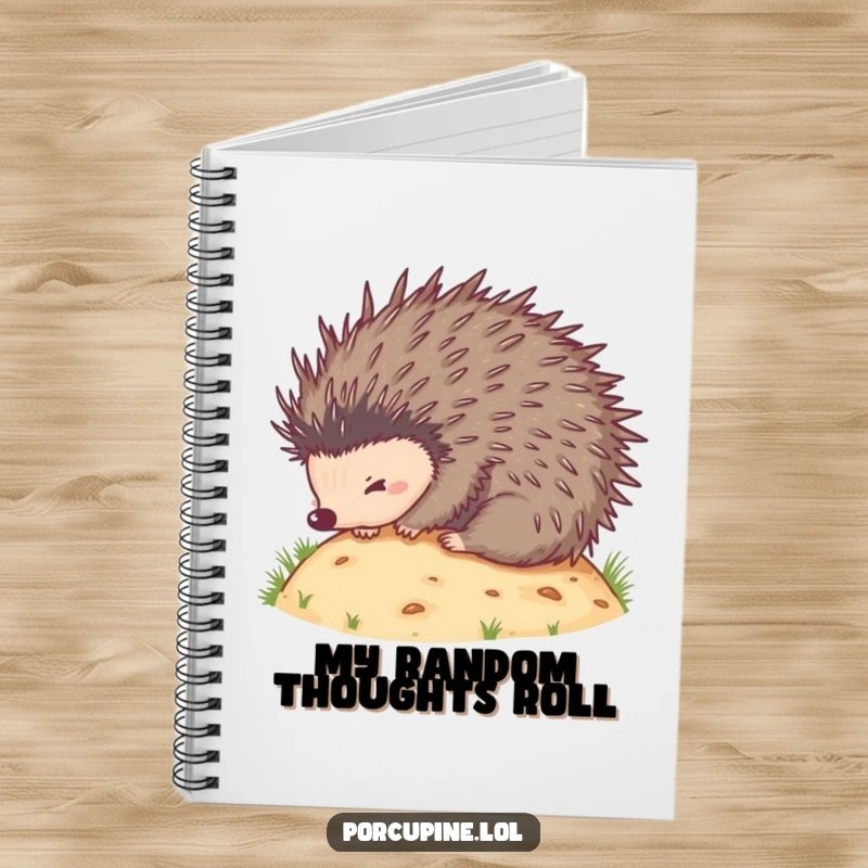 Funny notebook with a porcupine rolling down a hill, quills spread, perfect for capturing funny notes and brilliant ideas.