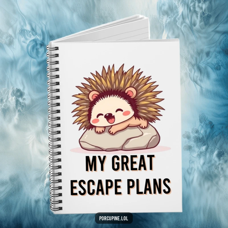 Funny notebook cover with a porcupine sliding down a smooth stone with absolute glee, inspiring creativity and humor.