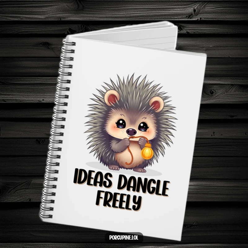 Funny notebook featuring a porcupine with sparkling eyes, batting at a dangling string, ideal for capturing playful thoughts and ideas.