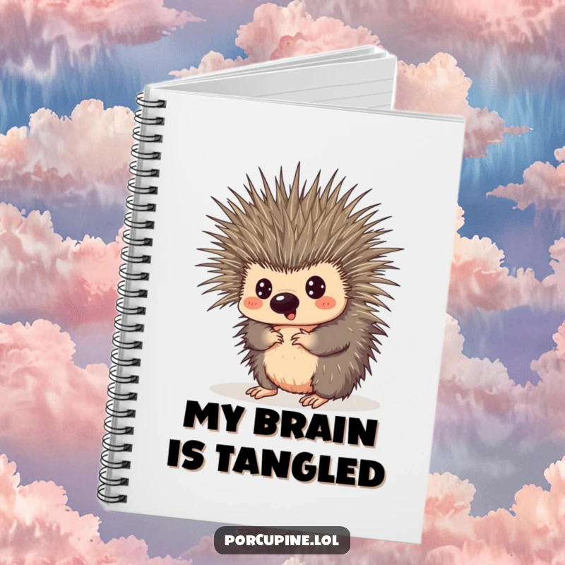 Funny notebook featuring a porcupine comically tangled in its own quills, looking surprised, ideal for jotting down humorous thoughts.