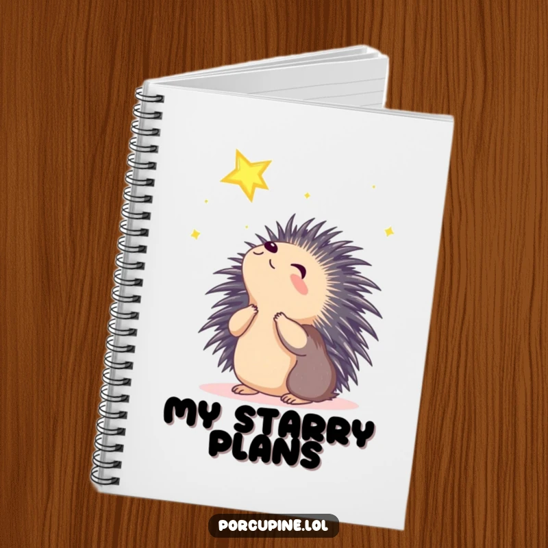 Funny wondering porcupine notebook with a porcupine looking at a shining star with wonder on the cover, ideal for jotting down dreams.