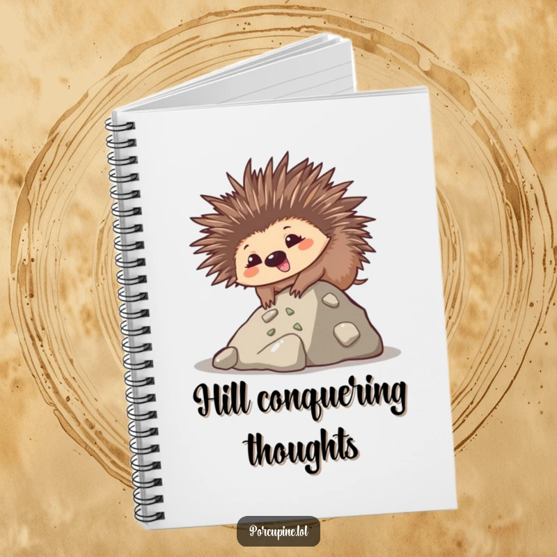 Funny notebook featuring a goofy kawaii porcupine smiling while climbing a small hill, ideal for jotting down determined ideas.